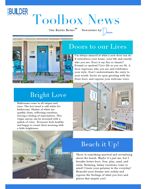The Toolbox News, Dawn Matze's Newsletter, is pictured, a bright and clean design with three pictures and three mini-articles per page.